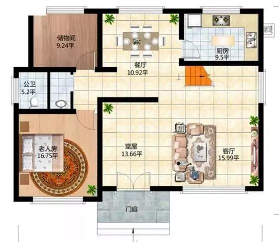 這款別墅根據(jù)農(nóng)村居住習(xí)慣設(shè)有堂屋神位，將品質(zhì)生活與傳統(tǒng)習(xí)俗相結(jié)合，適合廣大地區(qū)建造。