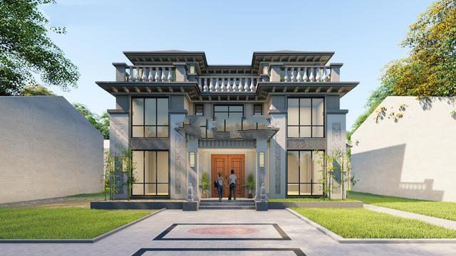 建筑為新中式風格，整體色調以簡潔的高級灰為主，與周邊環境相呼應,新中式別墅外觀更加寬敞，美麗的風景盡收眼底！