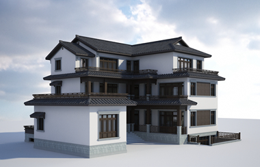 高端徽派三層帶地下室自建房設計圖，每間臥室配有衛生間